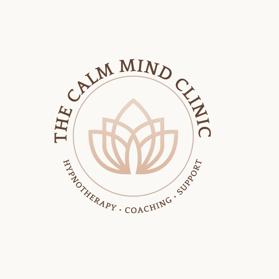 The calm mind clinic logo: A lotus flower and the words: hypnotherapy, coaching and support are centred round the image. Colours in warm autumnal browns